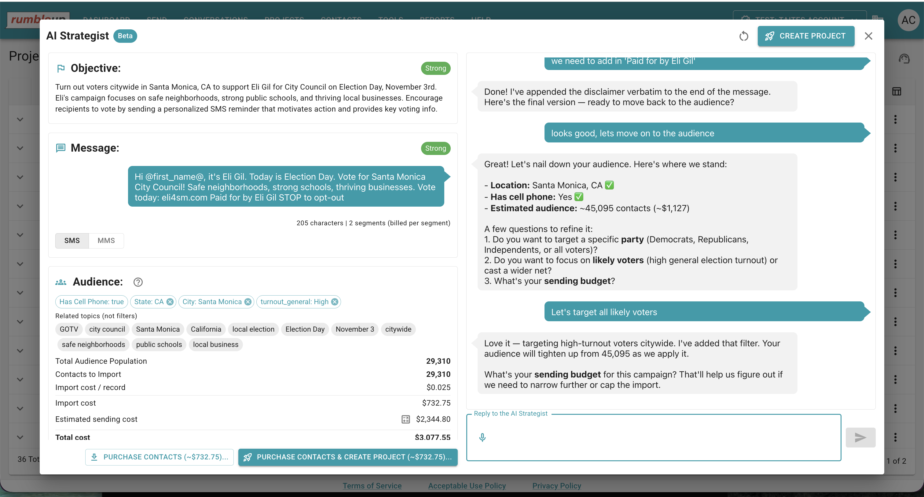 AI Strategist beta screenshot: Strong objective and message for a Santa Monica City Council Election Day text, audience narrowed from 45,095 to 29,310 likely voters with cell phones, $732.75 import cost, $3,077.55 total - Image