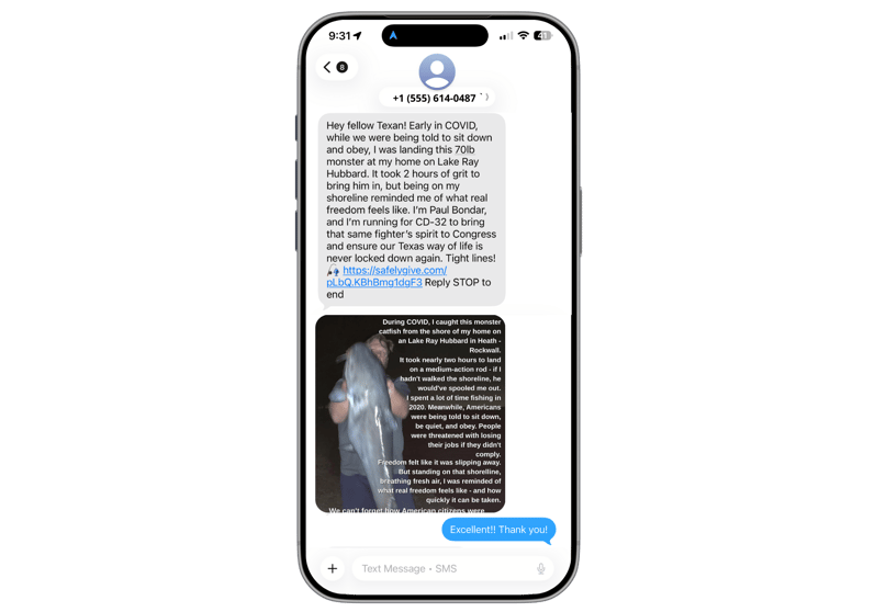 Bondar for Congress Text Message Example - Rockwall fishing message - RumbleUp