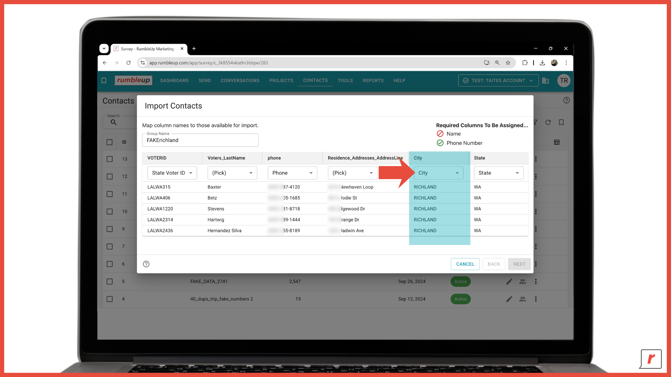 RumbleUp 3.0 - Importing Contacts - Screenshot